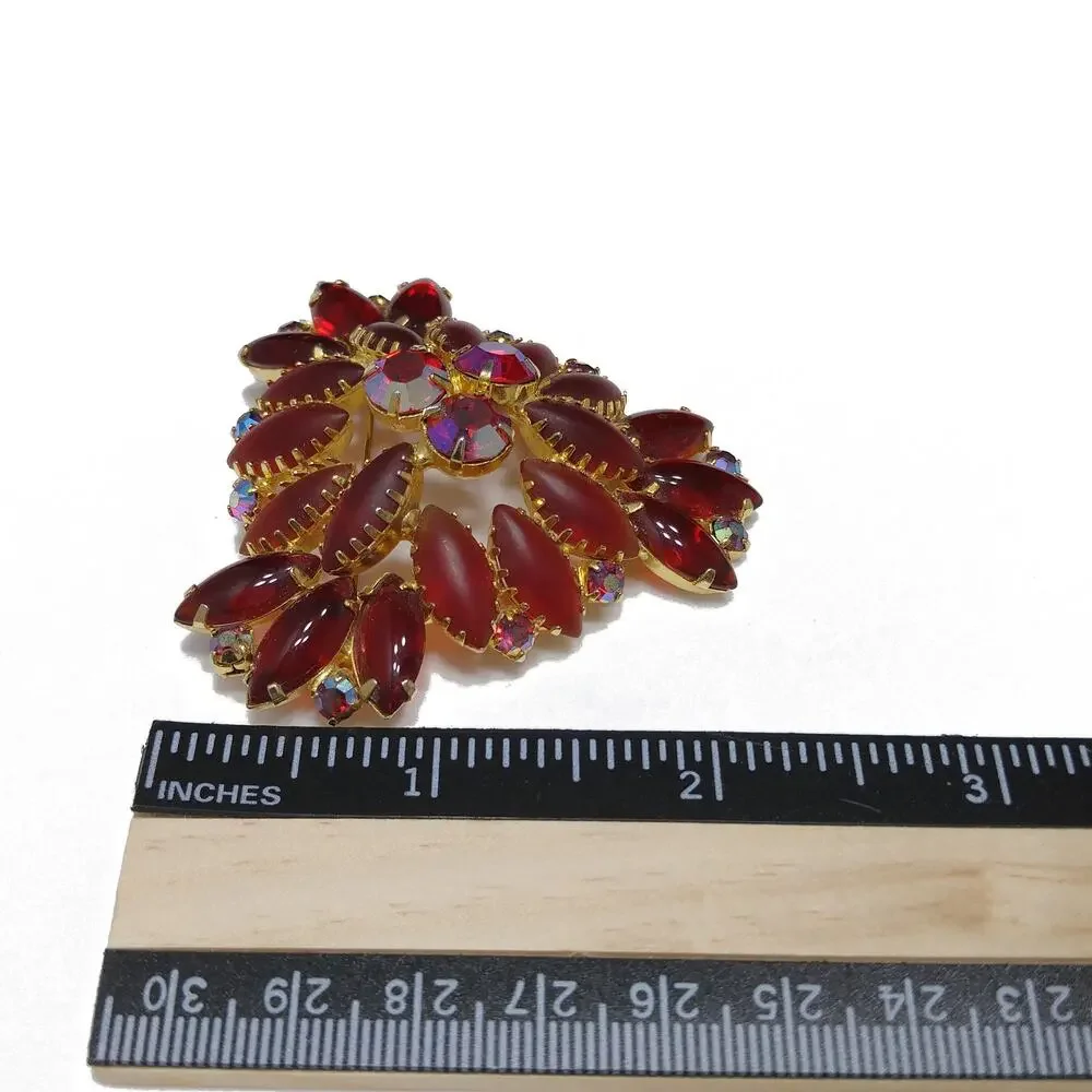 Red Art Glass & Rhinestone Brooch, Gold Plated, Juliana Style, 1960s Vintage